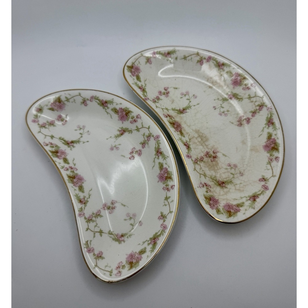 2 Antique Johnson Bros England Crescent Bone Dishes Pink Floral Vine Gold Trim